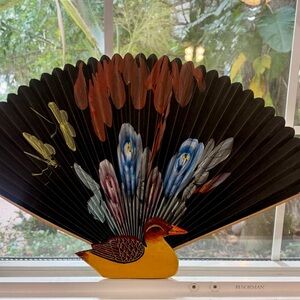 Antique Chinese Paper Hand Fan Handpainted Wood Duck
